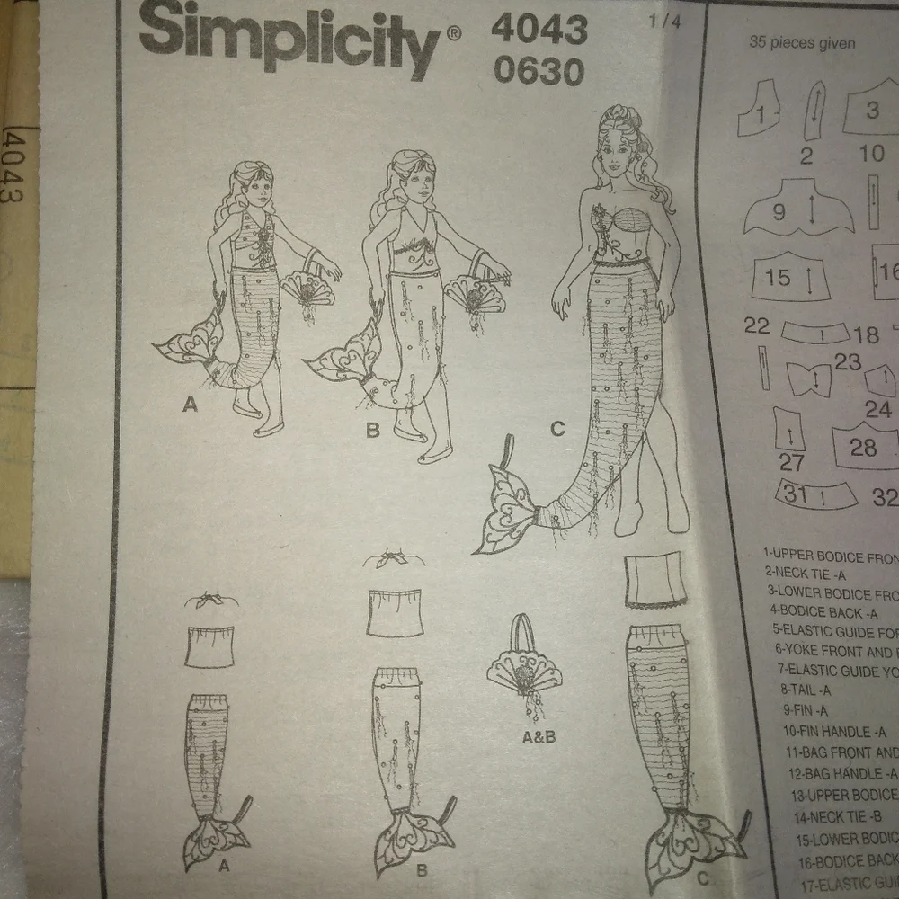 SIMPLICITY 4043 Mermaid Costume, includes child girls and Misses sizes